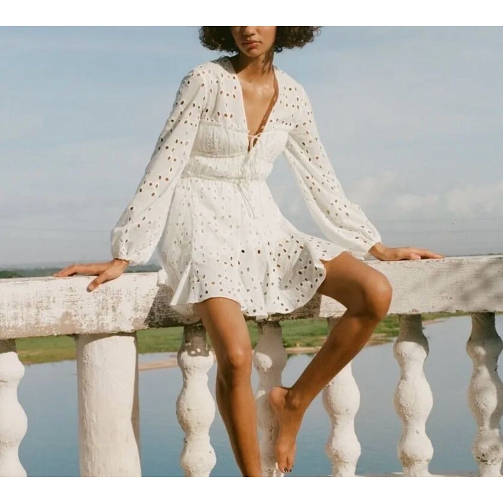 Zara White Eyelet Embroidered Dress Balloon Sleeve Size L